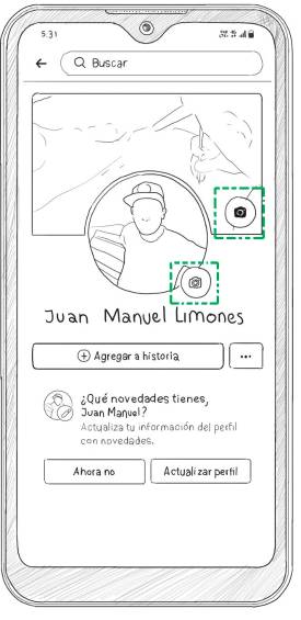 Presione el icono de cámara para elegir una foto o tomársela. En el formato circular (de perfil) incluya una de su rostro y en el formato cuadrado (de portada) una de un paisaje o de su mascota.