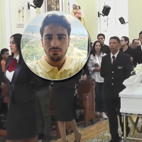 A las 2:30 p.m. el féretro en el que reposa el cuerpo de Mateo Pérez Rueda entró a la Basílica Menor Nuestra Señora de las Mercedes para sus exequias. Fotos: transmisión de la exequias y cortesía.