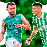 En la imagen aparecen Nicolás Benedetti, del Cali, y Jorman Campuzano, de Nacional. FOTOS @DeportivoCaliCP y Juan Antonio Sánchez 