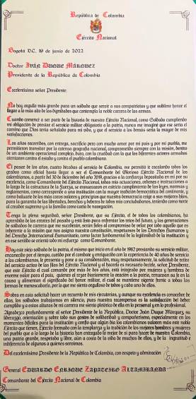 Esta es la carta enviada por Zapateiro. FOTO CORTESÍA