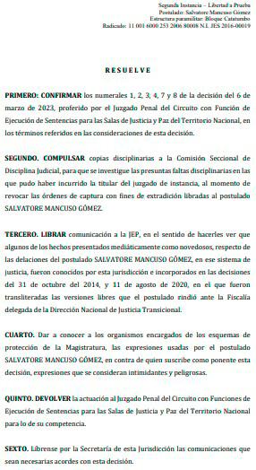 Acta Aprobatoria número 11 de 2023 enviada por la Sala de Justicia y Paz del Tribunal Superior de Bogotá a la JEP sobre las declaraciones de Salvatore Mancuso ante esa Jurisdicción.