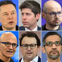 De arriba a la izquierda, en el sentido de las agujas del reloj: CEO de Tesla y X, Elon Musk; CEO de OpenAI, Sam Altman; cofundador y presidente de DeepMind, Demis Hassabis; CEO de Meta, Mark Zuckerberg; CEO de Microsoft, Satya Nadella; CEO de Anthropic, Dario Amodei; CEO de Google, Sundar Pichai; CEO de Nvidia, Jensen Huang. Los principales ejecutivos de IA dicen que quieren frenar el ritmo vertiginoso del desarrollo de la inteligencia artificial, pero la competencia, la reticencia del gobierno estadounidense y los factores geopolíticos se interponen en el camino. Foto: AFP