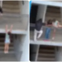 El peligroso juego de las niñas en un edificio de la Ciudadela Nuevo Occidente quedó captado en video. FOTO: Cortesía Denuncias Antioquia