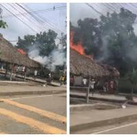 Producto de los desmanes, se ocasionó un incendio en un techo de un kiosko que está en inmediaciones de la hacienda. FOTO Cortesía.