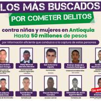 Algunos de los rostros más buscados en el departamento tras cometer delitos contra niñas y mujeres. FOTO: Cortesía Gobernación de Antioquia 