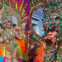 Rihanna desfiló en el Gran Día de Kadooment del Carnaval Crop Over de Barbados con un llamativo traje diseñado por la creadora local Lauren Austin, en su esperado regreso a la celebración tras dos años de ausencia. FOTO: @gabgonebad vía X.