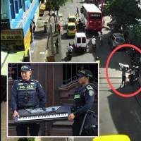 Adelante, el instrumento musical recuperado por las autoridades. Atrás, el seguimiento por cámaras al ladrón. FOTO: Cortesía.