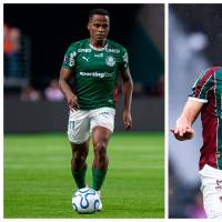 Jhon Arias (izquierda, Palmeiras) y Julián Millán (derecha, Fluminense) son dos de los tres colombianos más Kevin Serna (Fluminense) que disputarán la serie. FOTOS: Getty