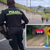 Adelante, la bandera dejada cerca del Alto de Minas. Atrás, autoridades revisan la bandera dejada por el ELN en la doble calzada Bello-Hatillo. FOTO: imágenes tomadas de redes sociales.