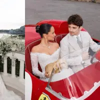 Charles Leclerc y Alexandra Saint Mleux posan tras su boda en Mónaco, donde recorrieron las calles del Principado en un Ferrari clásico con el Mediterráneo como telón de fondo. FOTO: tomadas de Instagram Alexandra Saint Mleux Lecrerc, /@germanlarkin @gregfinck @side.quest.