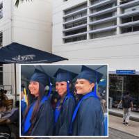Adelante, las tres graduadas del municipio de Tarso. Atrás, campus del ITM. Foto: Julio César Herrera Echeverri