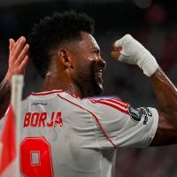 Miguel Ángel Borja y su último festejo con River Plate. FOTO @RiverPlate