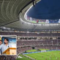 Adelante, el alcalde de Medellín junto al gerente del Inder y el vocero de LaLiga española. Atrás, como se vería el estadio en 2028. FOTO: Cortesía.