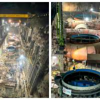 Los anillos estacionarios de las cámaras de espirales de las nuevas unidades de generación de Hidroituango ya fueron instalados. Lucen desde lo alto como caracoles gigantes. FOTO Cortesía de EPM