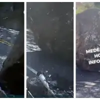 Momento en el que el peñón se desprende y aplasta la moto de un conductor. FOTO: imagen redes sociales Medellín Hoy Informa