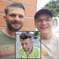 Adelante, Michael Wältl, desorientado en las calles de Bello. Atrás, a la izquierda, tras su proceso de recuperación. FOTO: Cortesía