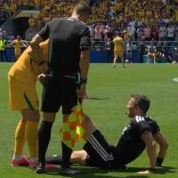 Ante la sorpresa de los espectadores, uno de los asistentes tuvo que ingresar al campo para ayudar a Zwayer a estirar la extremidad afectada. FOTO: Captura de video de redes sociales @Dsports