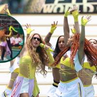 Tras estrenar en vivo el himno oficial del Mundial 2026, Shakira protagonizó un momento viral al quedarse bailando merengue en plena cancha. FOTO: AFP, redes sociales.