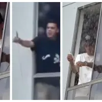 Secuencia en la que se observa a los dos sujetos y luego como les cae el baldado de agua. FOTO: Imagen tomada de redes sociales