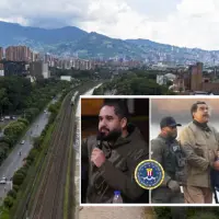 Adelante, Nicolas Maduro Guerra, “Nicolasito”, y su padre el dictador Nicolás Maduro. Atrás, panorámica de Medellín. Foto: Andrés Camilo Suárez Echeverry.
