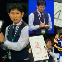 Hajime Moriyasu, entrenador de Japón, utiliza un tablero con códigos numéricos para transmitir instrucciones tácticas durante los partidos del Mundial. Foto: Captura de video / FIFA