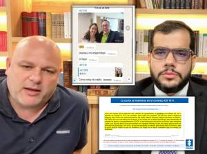 Miguel Quintero (izq.) recibía informes sobre los avances, por ejemplo esta notificación de Álvaro Villada (centro) de que ya estaba lista la contratación de Ana María Roldán. Abajo, un aparte de al declaración de Misael Cadavid donde habla del rol del hermano del entonces alcalde de Medellín. FOTOS: IMAGEN DE TRANSMISIÓN DE AUDIENCIA Y EXPEDIENTE
