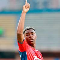 El futbolista Jhon Edwin Montaño, quien llegó al DIM como refuerzo a inicios del 2026, anotó los dos goles del Medellín en el juego de ida contra Vasco. Foto: Manuel Saldarriaga 