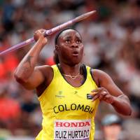 La atleta colombiana Flor Denis Ruiz se quedó con el segundo lugar en la Liga de Diamante, en la prueba del lanzamiento de jabaliba. FOTO: AFP