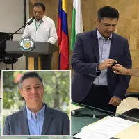 Adelante, el exgerente Uriel Sanchez Zuluaga. Atrás, el día de su posesión como gerente de Teleantioquia. Foto: imágenes tomadas de redes.