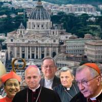 De izquierda a derecha: Luis Anotnio Tagle, Charles Maung Bo, Robert Francis Prevost, Gérald Lacroix, Mario Grech, Pietro Parolín. Fotos: Vatican News