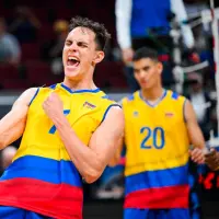 Andrés Piza celebra uno de los puntos logrados con Colombia en el Mundial de Filipinas. FOTO CORTESÍA Volleyball World