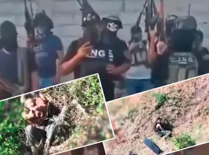 En los recuadros se ven algunos de los videos de supuestos mercenarios colombianos, grabados con un dron en Michoacán. IMÁGENES TOMADAS DE VIDEOS.
