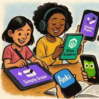 Aplicaciones educativas como Duolingo, Khan Academy y Simply Draw permiten aprender a cualquier ritmo y desde cualquier lugar, incluso sin conexión. FOTO EL COLOMBIANO/creada parcialmente con IA