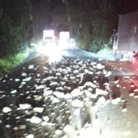 Así quedó la autopista Medellín-Bogotá, a la altura del municipio de Cocorná, luego de que una volqueta derramara varias piedras. Esto obligó al cierre de este corredor mientras estos elementos eran recogidos. FOTO: CORTESÍA MI ORIENTE