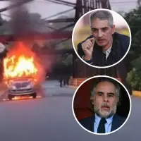 El gobernador de Antioquia, Andrés Julián Rendón (arriba), y el ministro del Interior, Armando Benedetti (abajo), se pusieron de acuerdo para levantar el paro minero en el Bajo Cauca, en medio de los desmanes que estos han generado, como la quema de dos camiones este lunes. FOTOS: CORTESÍA Y EL COLOMBIANO