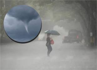 Adelante, captura de video que muestra la nube de embudo. Atrás, imagen de lluvias en Medellín. Foto: EL COLOMBIANO y captura de video.