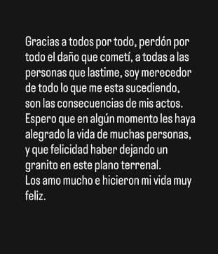 Mensaje de Camilo Cifuentes vía Instagram. FOTO: @camilocifu96.