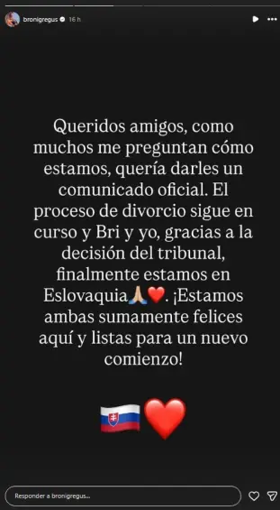 Comunicado de Bronislava Gregušová, vía Instagram. FOTO: bronigregus, Instagram.