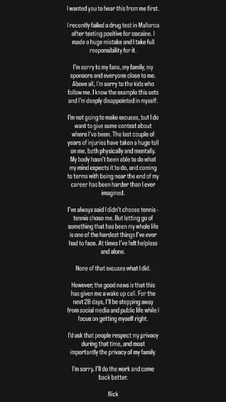Publicación de Nick Kyrgios en su cuenta de Instagram