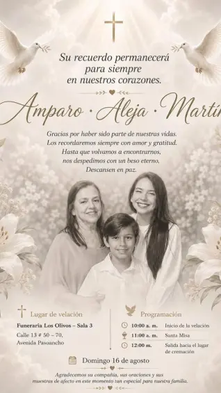Las víctimas fueron identificadas como Martín Vivas Jiménez, de 10 años; su madre, Alejandra Vivas Jiménez, de 35; y su abuela, Amparo Jiménez Barona, de 78. FOTO: @johajh17.