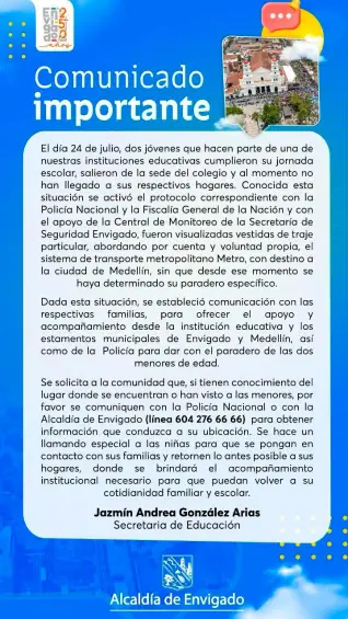 Alarma en Envigado por desaparición de dos niñas: las vieron tomar el metro el jueves y les perdieron el rastro