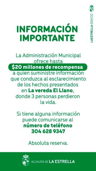 Ofrecen recompensa por información sobre responsables de la masacre en La Estrella, Antioquia, este fin de semana