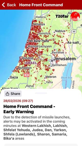 Se detectaron lanzamientos de misiles hacia Israel.