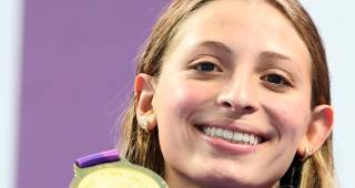 Isabella Bedoya, en acción durante una de sus pruebas fuertes, los 50 metros libres, en la que logró medalla de oro y récord panamericano. FOTO Cortesía Manuela Osorio, Liga de Natación de Antioquia