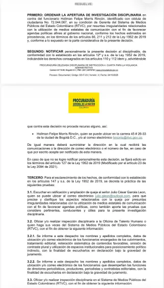 Documento de la Procuraduría que ordena de la investigación del directo de RTVC Hollman Morris. FOTO: Redes sociales.