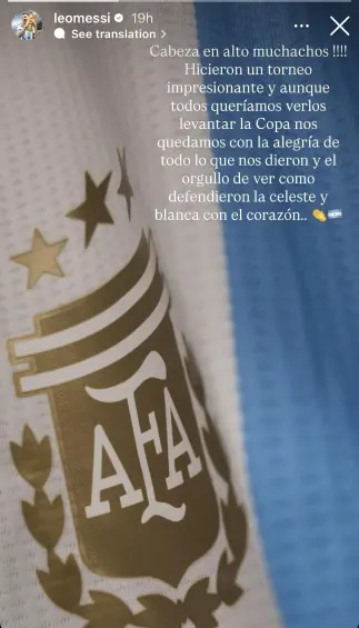 Mensaje de Lionel Messi a la selección Sub-20 en sus historias de instagram. Foto: Captura de redes @leomessi