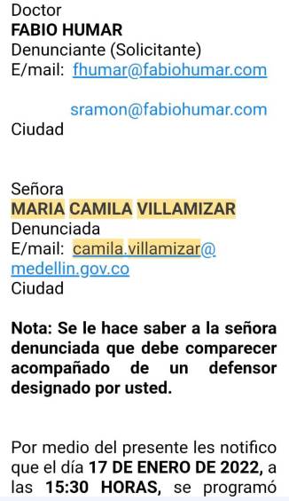 Imagen del correo con la citación a la audiencia de la funcionaria María Camila Villamizar. Cortesía.