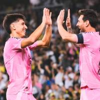 Lionel Messi festejando su golazo con el Inter Miami. FOTO @InterMiamiCF