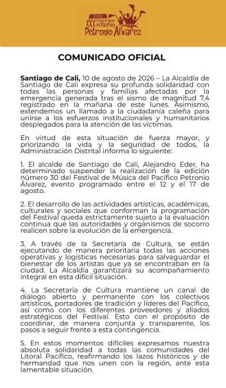 Comunicado oficial Festival Petronio Álvarez. 