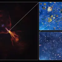 Las imágenes muestran la condensación de gas caliente en minerales sólidos alrededor de la estrella HOPS-315. A la izquierda, observación de ALMA; los recuadros ilustran moléculas de monóxido de silicio transformadas en silicatos. FOTO: Agencia Sinc/ESO/L.Calçada/ALMA